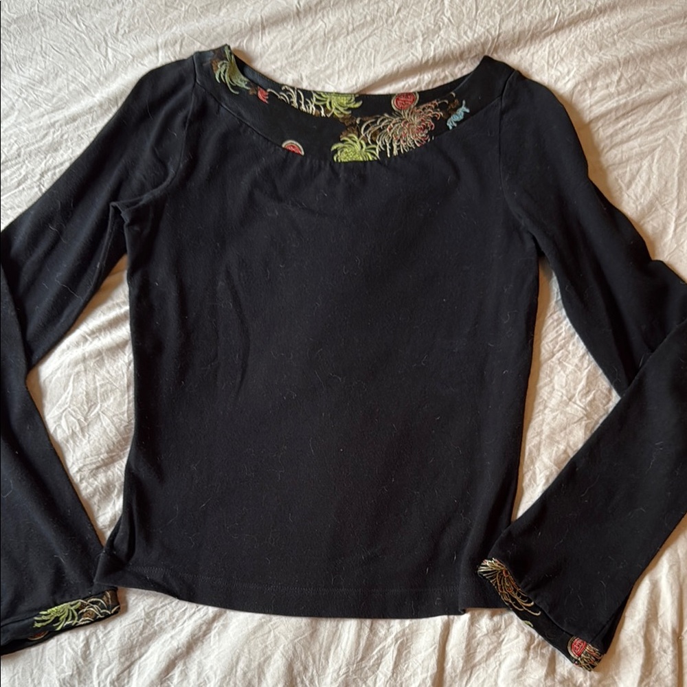Black Fitted Long Sleeve Embellished Blouse